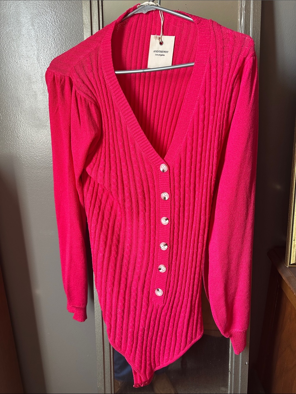 New with tags Hot Pink Ribbed V-Neck Button body suit sweater